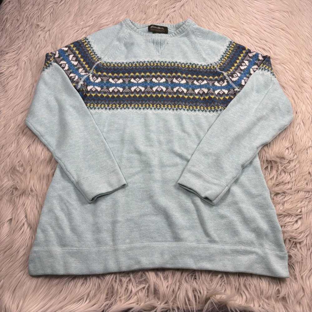Eddie Bauer Women's M Blue Green Fair Isle Sweater Cotton‎ Granola Girl Scandi